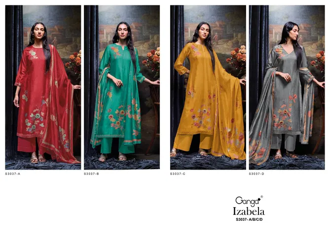 Lzabela 3037 By Ganga Printed Embroidery Dress Material Exporters In India